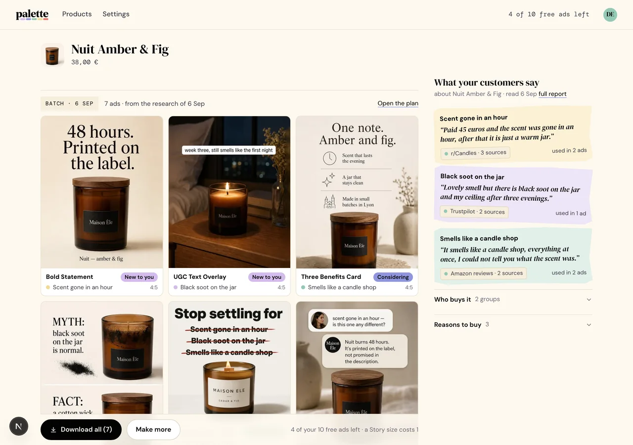 The batch screen: one row per complaint, one column per buyer moment, a finished ad in each square.