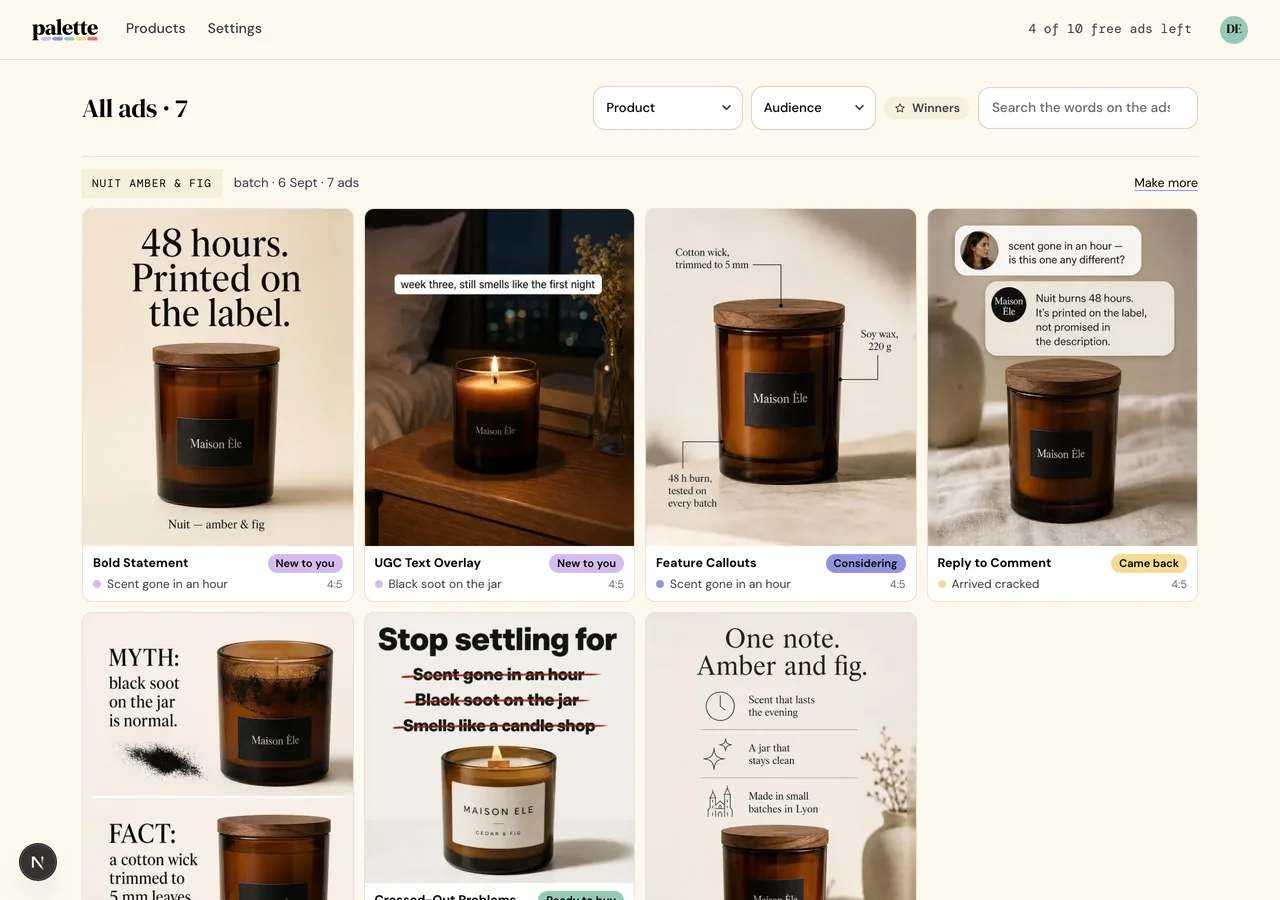 The ads library: finished ads at their own sizes, each one typeset on the shop’s own product photo.