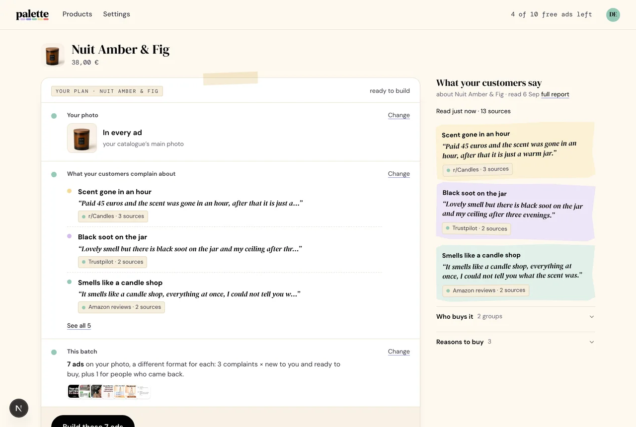 The plan Palette builds from one store URL: the shop it found, the products it read, and the tone of voice it heard.