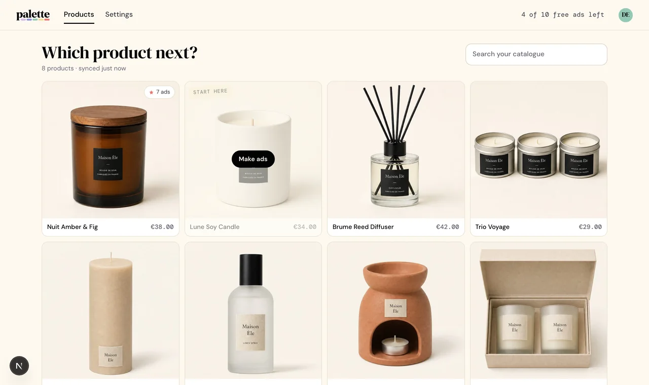 The imported catalogue on the products screen, every item already there with its own photo.