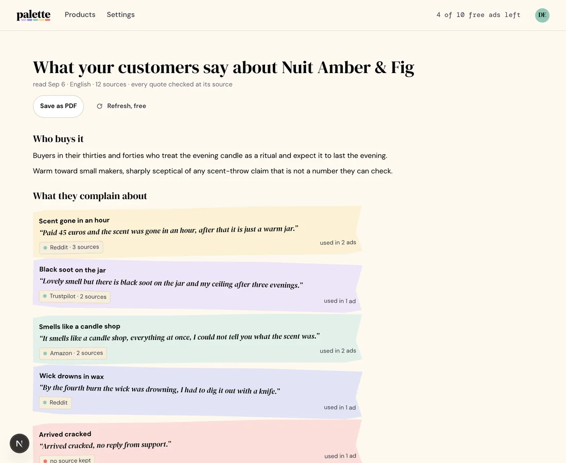 The research report: each customer complaint quoted word for word, with the site it was written on.